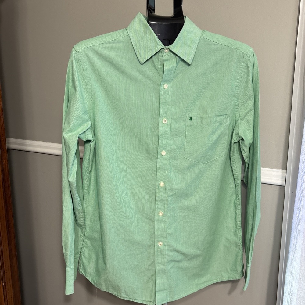 IZOD Men's Sz M Green White Striped Long Sleeve Button Up Preppy Shirt W/pocket